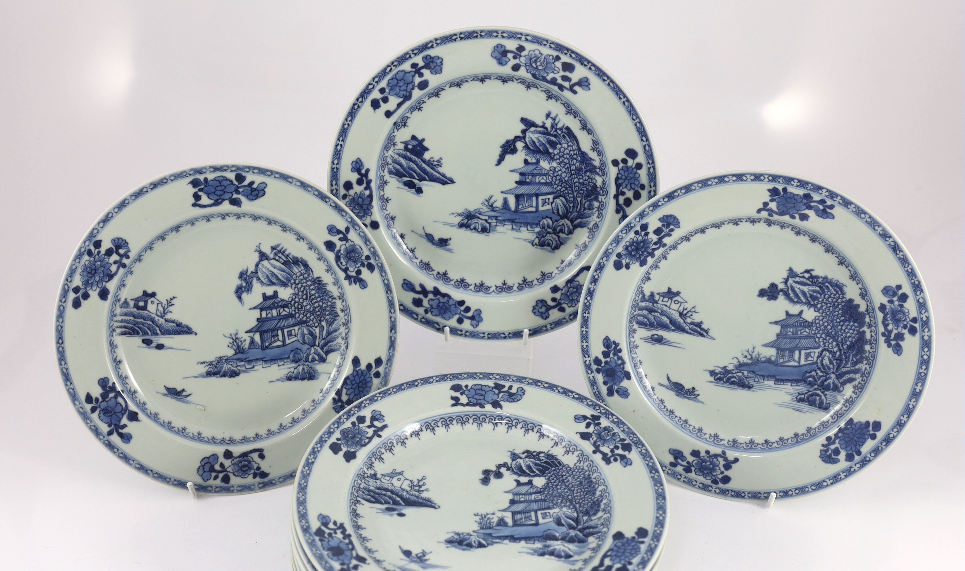 Ten Chinese blue and white ‘Boatman and Six flower border’ plates, Nanking Cargo, c.1750